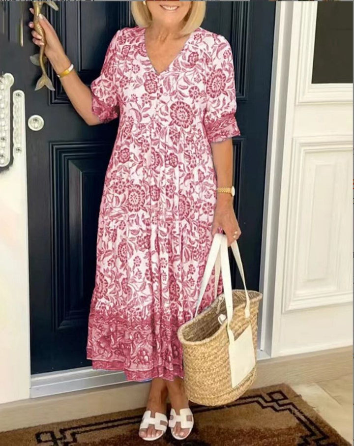 Athena | Women's Elegant V-Neck Floral Dress-Metro Lane Plaza