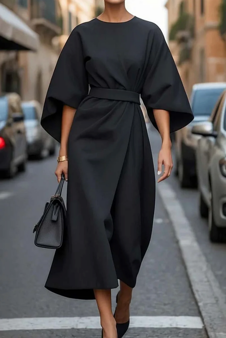 Women's Stylish Midi Dress with Batwing Sleeves-Metro Lane Plaza