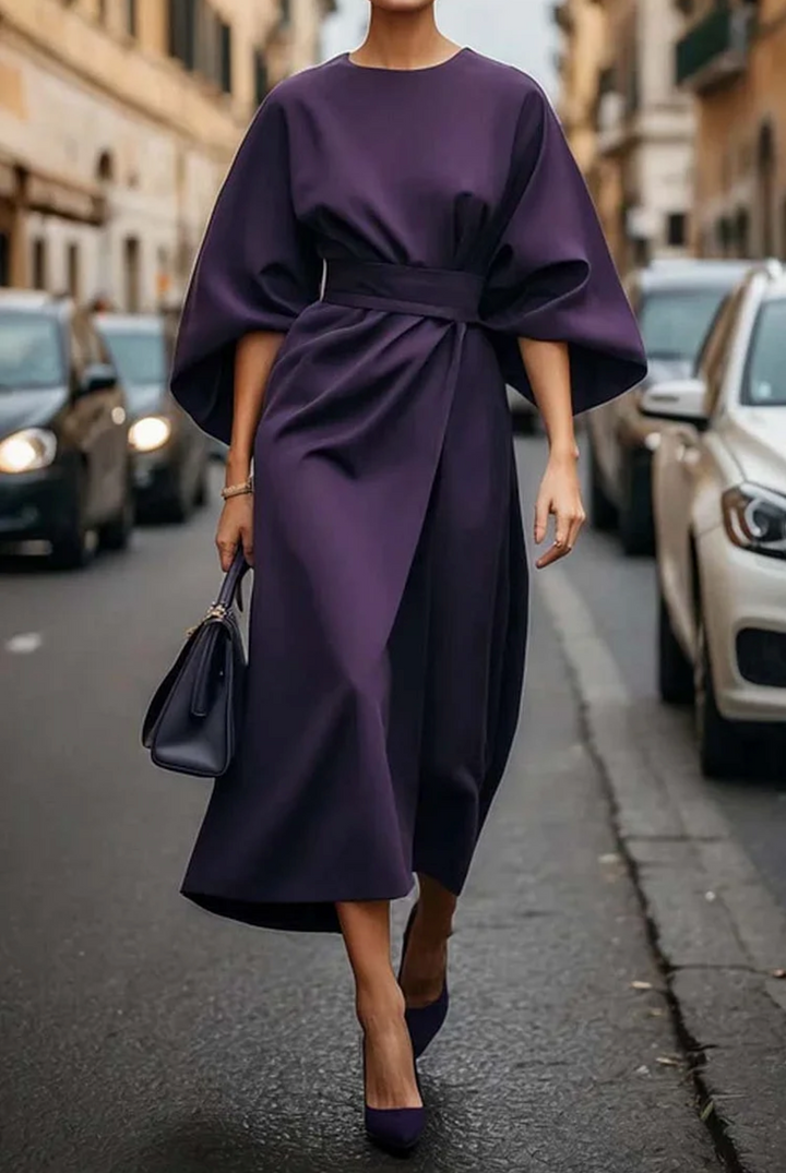 Women's Stylish Midi Dress with Batwing Sleeves-Metro Lane Plaza