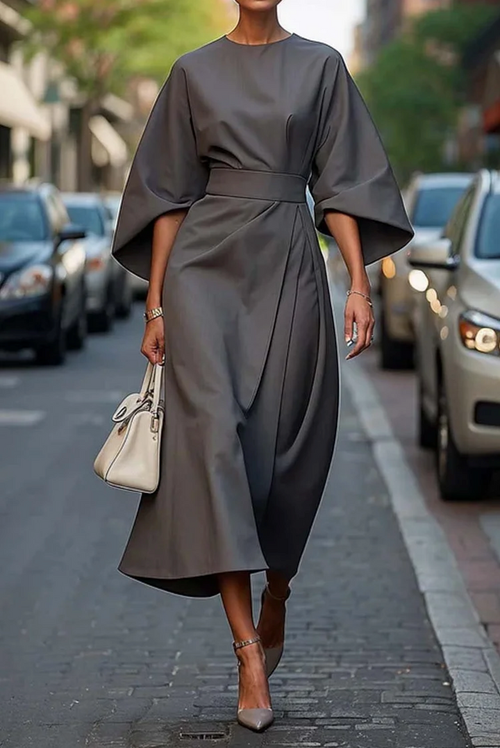 Women's Stylish Midi Dress with Batwing Sleeves-Metro Lane Plaza