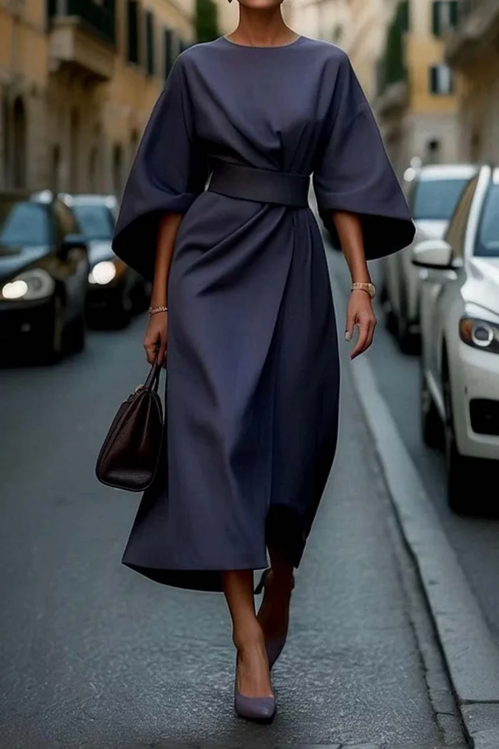 Women's Stylish Midi Dress with Batwing Sleeves-Metro Lane Plaza