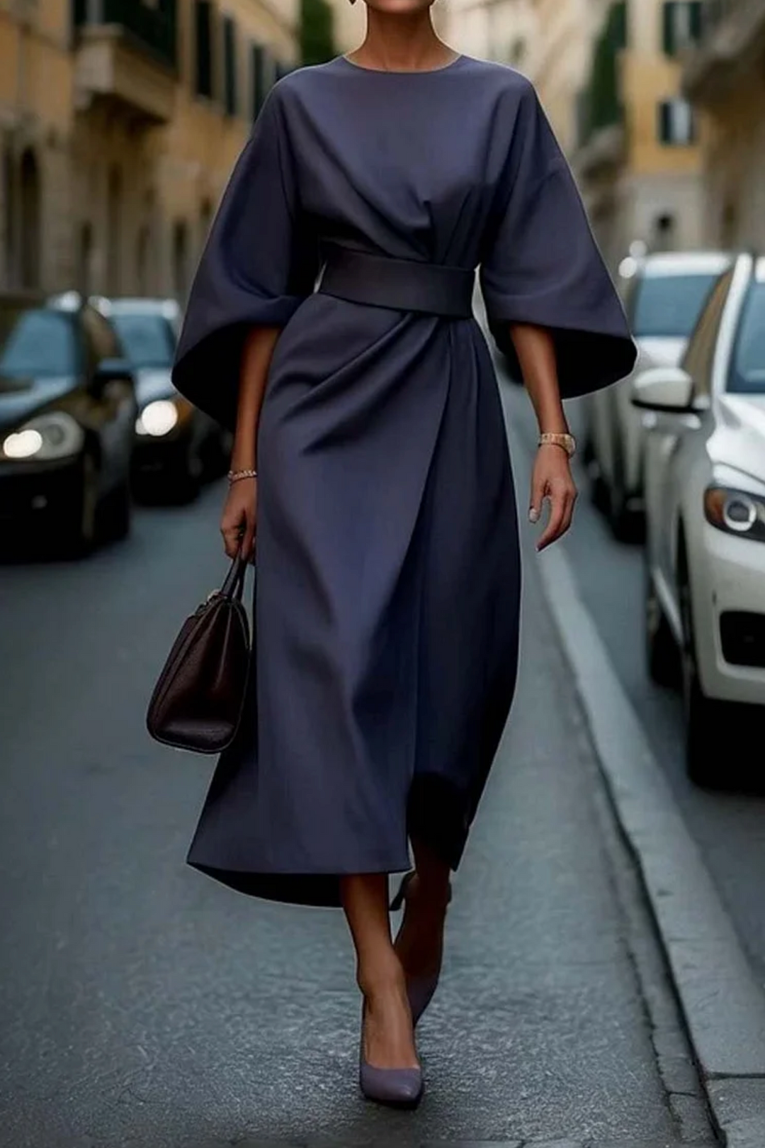 Women's Stylish Midi Dress with Batwing Sleeves-Metro Lane Plaza