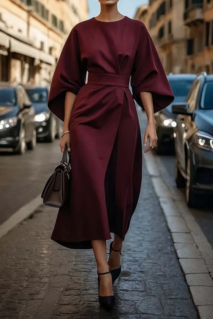 Women's Stylish Midi Dress with Batwing Sleeves-Metro Lane Plaza