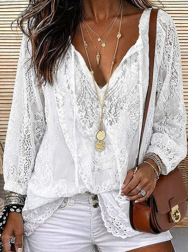 Top quimono boho de renda com decote em V para mulher