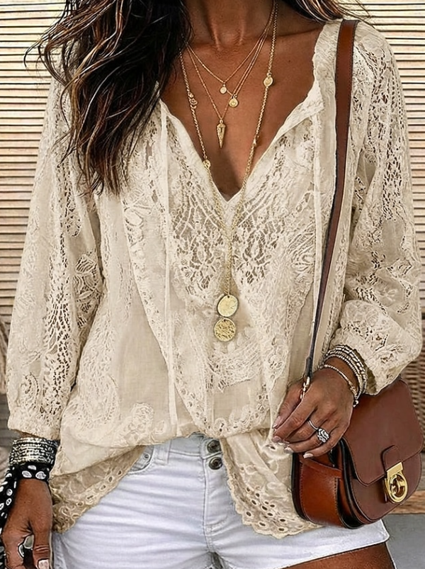 Top quimono boho de renda com decote em V para mulher
