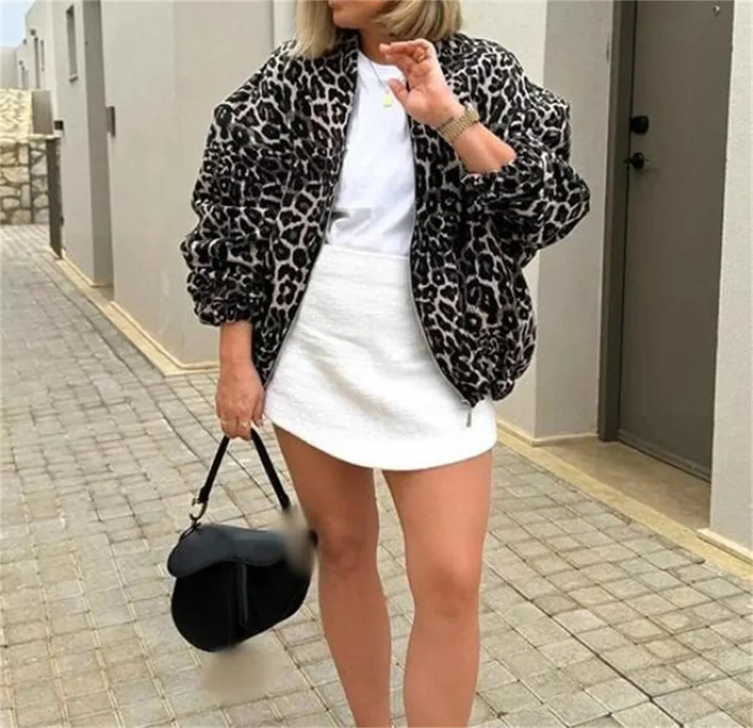 Leopard Print Bomber Jacket | Stylish Women's Mid-Season Outerwear-Metro Lane Plaza