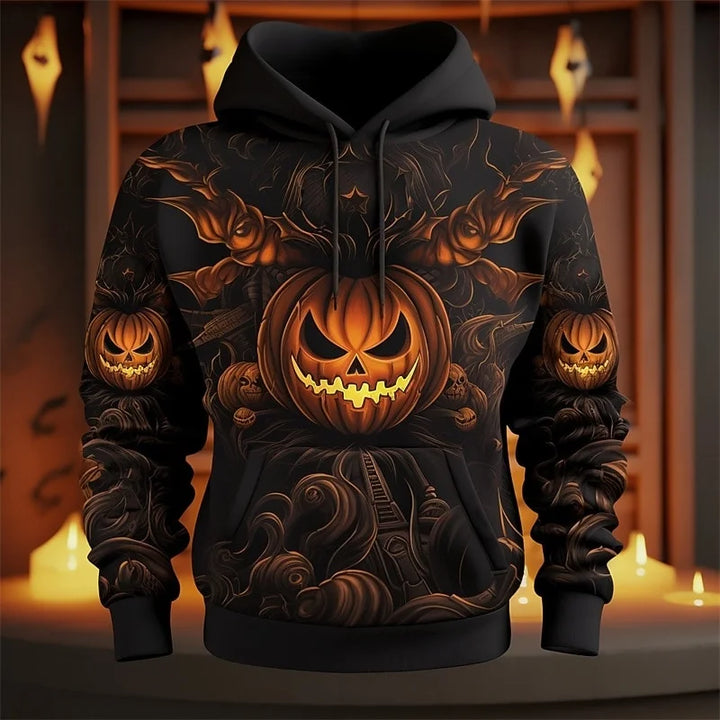 Camisola com capuz gráfica de abóbora de Halloween para homem — pulôver casual com impressão 3D