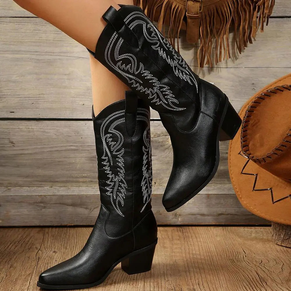 Botas vaqueras bordadas para mujer, de media caña y con tacón ancho