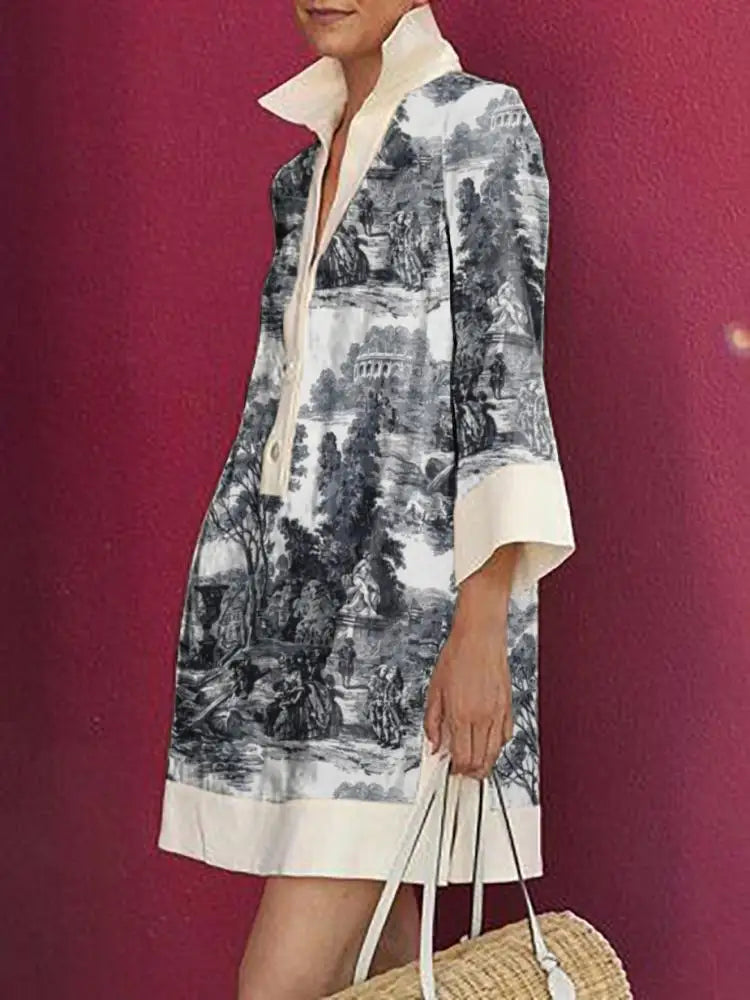 Women's Vintage Toile Prints Mini Tunic Dress-Metro Lane Plaza