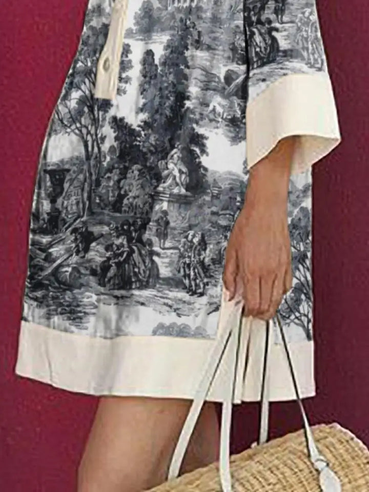 Women's Vintage Toile Prints Mini Tunic Dress-Metro Lane Plaza