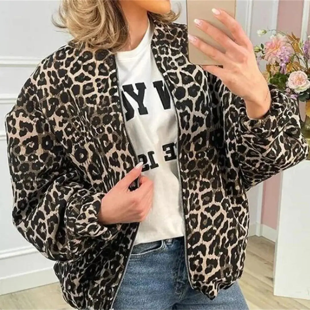 Leopard Print Bomber Jacket | Stylish Women's Mid-Season Outerwear-Metro Lane Plaza