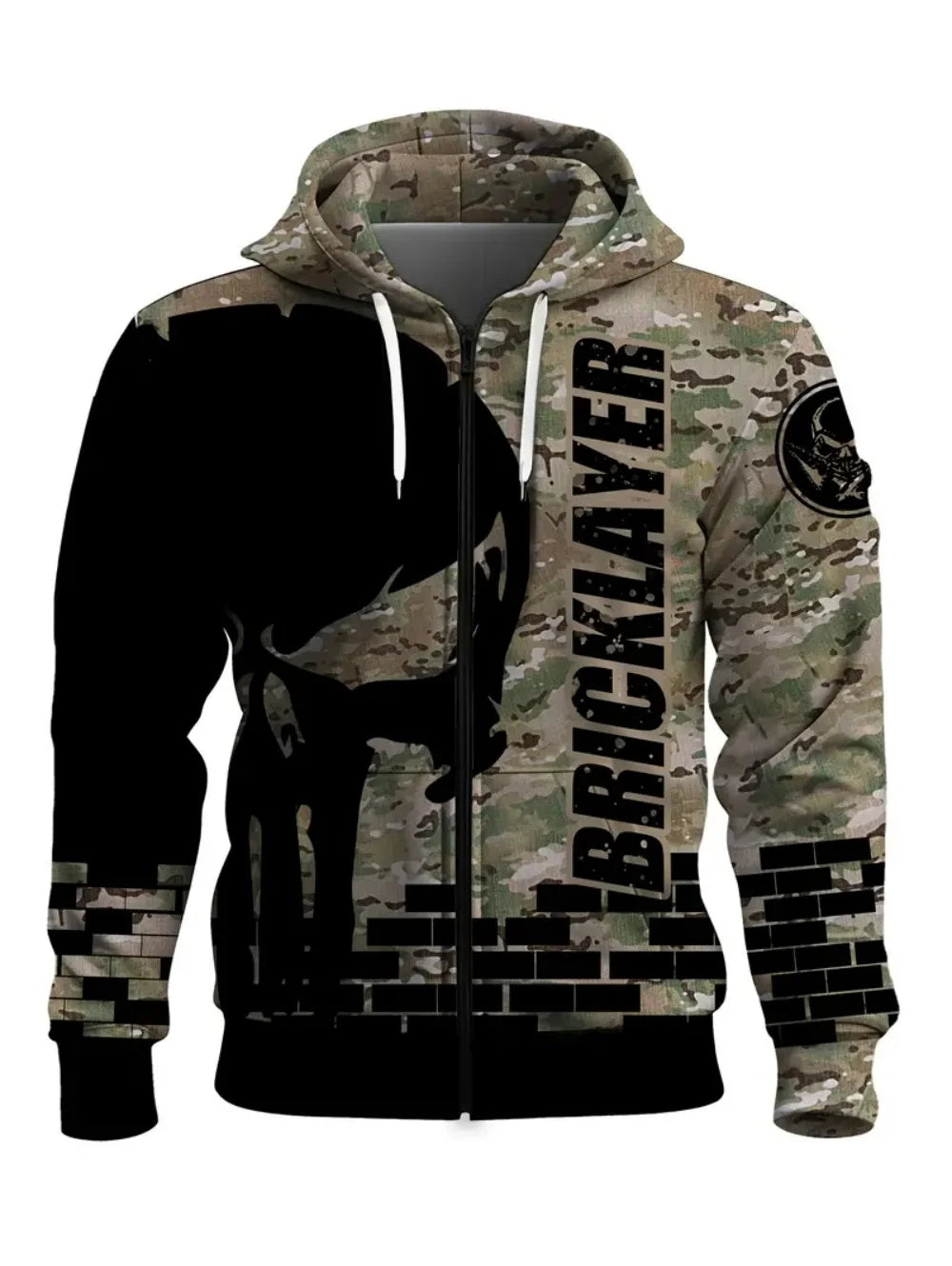 Herren-Hoodie mit 3D-Schädel-Print und Reißverschlusstasche für lässige Sportbekleidung