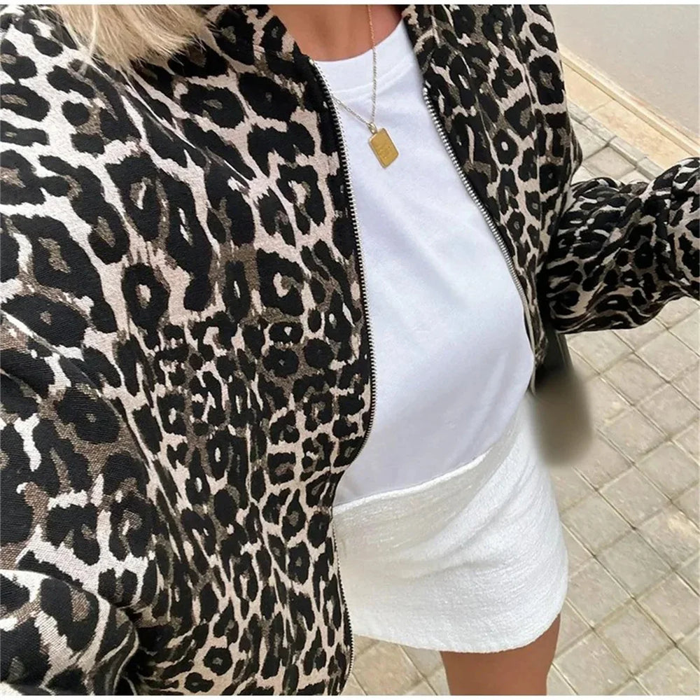 Leopard Print Bomber Jacket | Stylish Women's Mid-Season Outerwear-Metro Lane Plaza