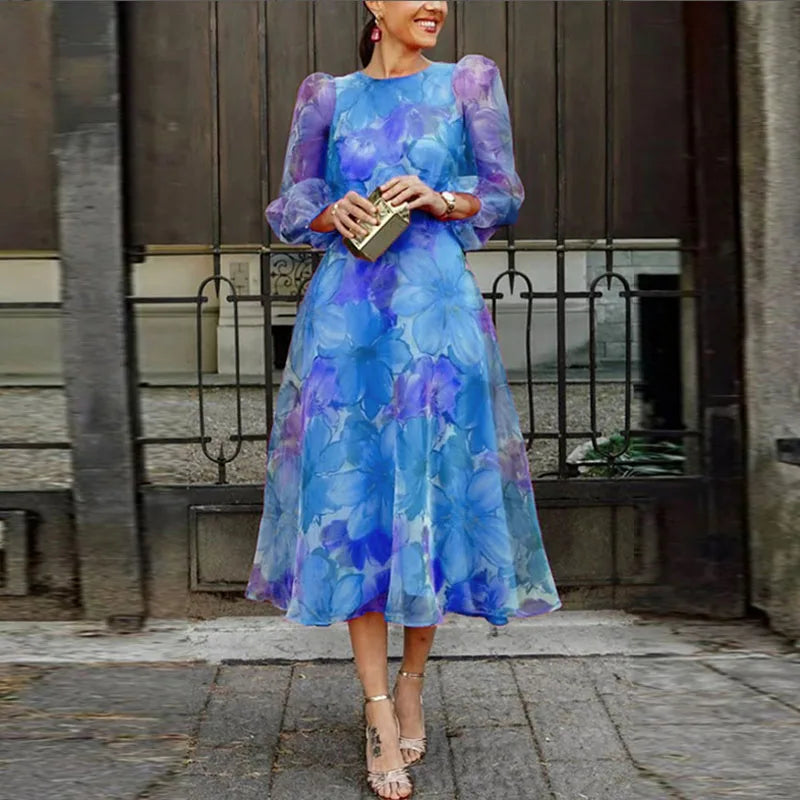 Sophia | Women's Floral Midi Dress with Sheer Puff Sleeves-Metro Lane Plaza