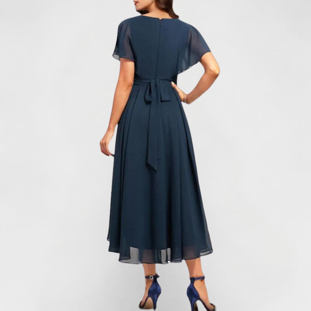 Seraphina | Women's Elegant V-Neck Flutter Midi Dress-Metro Lane Plaza