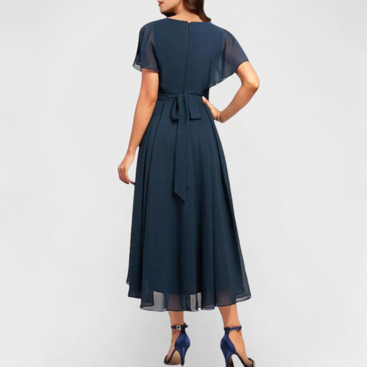 Seraphina | Women's Elegant V-Neck Flutter Midi Dress-Metro Lane Plaza