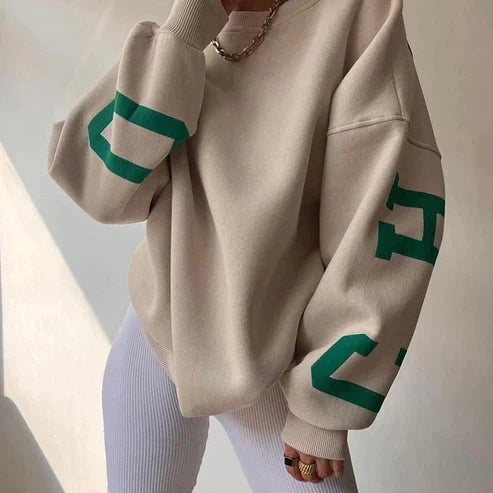 Oversize-Damen-Sweatshirt mit Rundhalsausschnitt und Ärmeln mit Grafikprint