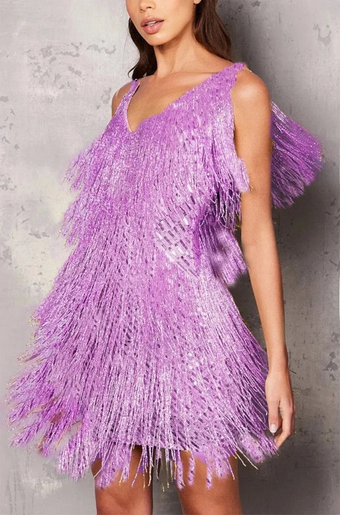 Women's Cocktail Dress with Fringe Feathers-Metro Lane Plaza