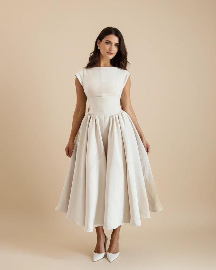 Sophia | Women's Cap Sleeve Midi Dress with Full Skirt-Metro Lane Plaza