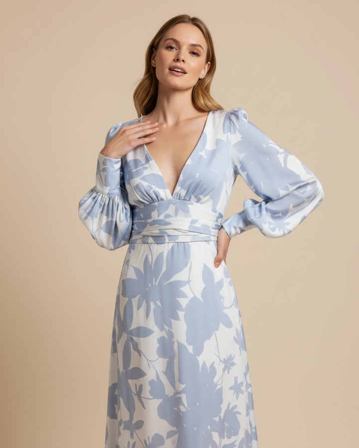 Sophia | Women's Floral V-Neck Long Sleeve Maxi Dress-Metro Lane Plaza