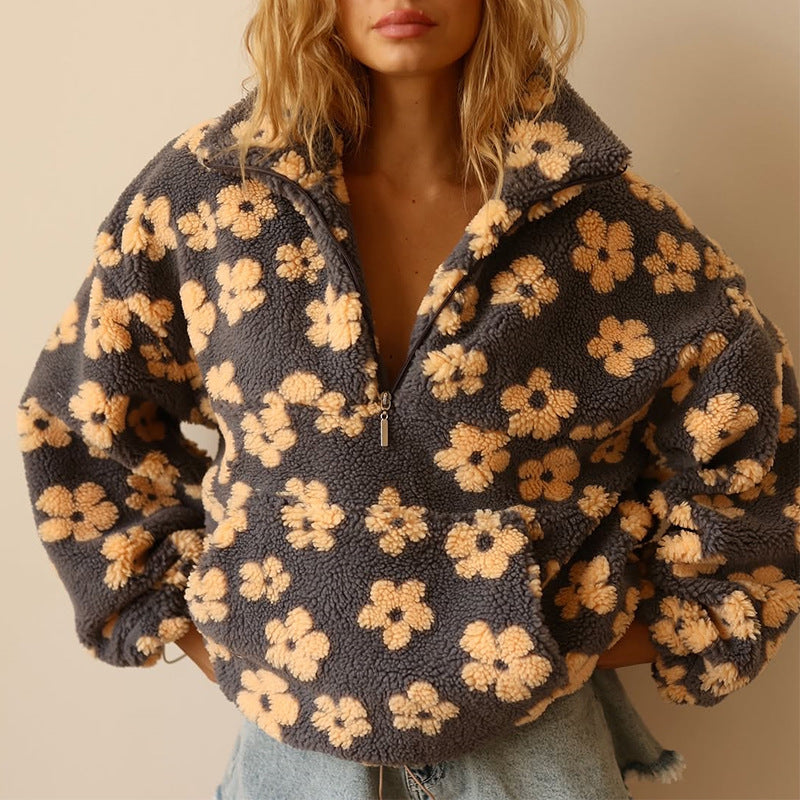 Sophia | Women's Oversized Sherpa Sweater - Floral Print, Warm & Casual-Metro Lane Plaza