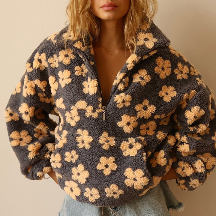 Sophia | Women's Oversized Sherpa Sweater - Floral Print, Warm & Casual-Metro Lane Plaza