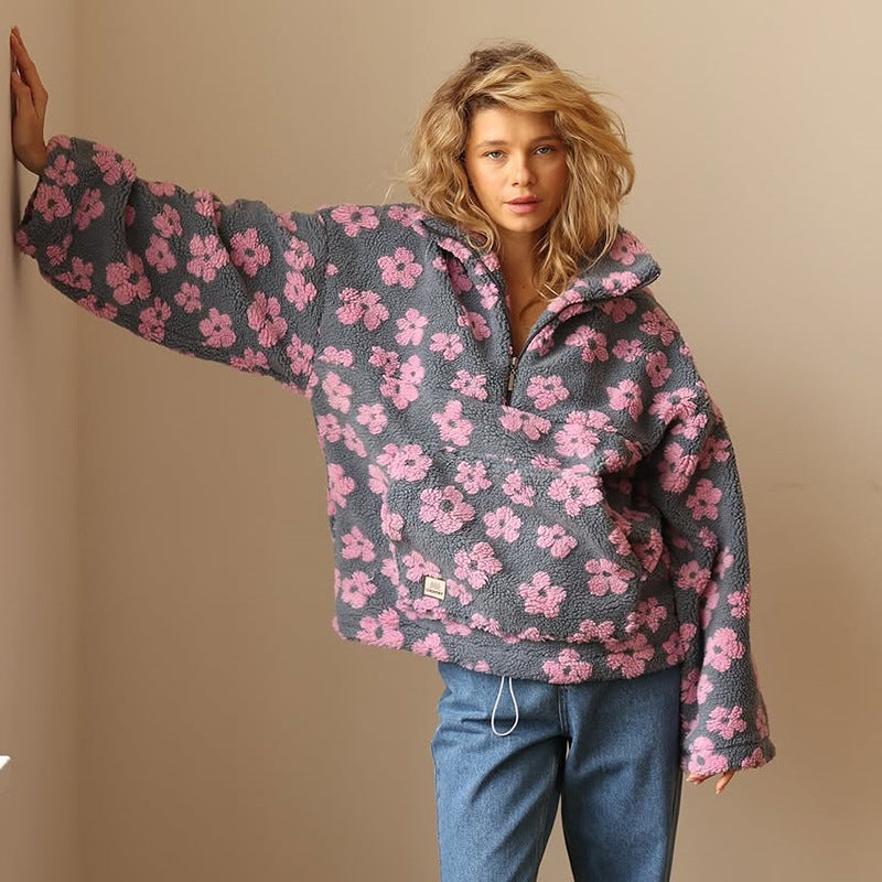 Sophia | Women's Oversized Sherpa Sweater - Floral Print, Warm & Casual-Metro Lane Plaza