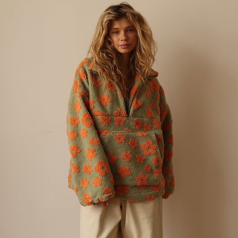 Sophia | Women's Oversized Sherpa Sweater - Floral Print, Warm & Casual-Metro Lane Plaza