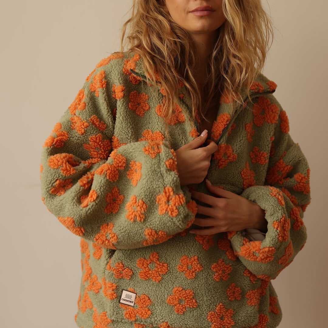 Sophia | Women's Oversized Sherpa Sweater - Floral Print, Warm & Casual-Metro Lane Plaza