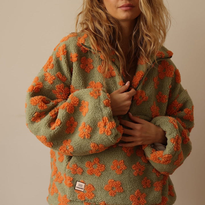 Sophia | Women's Oversized Sherpa Sweater - Floral Print, Warm & Casual-Metro Lane Plaza