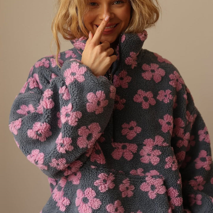 Sophia | Women's Oversized Sherpa Sweater - Floral Print, Warm & Casual-Metro Lane Plaza