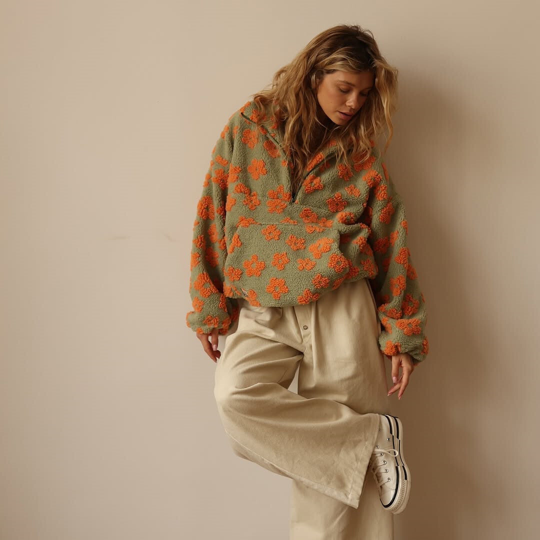 Sophia | Women's Oversized Sherpa Sweater - Floral Print, Warm & Casual-Metro Lane Plaza