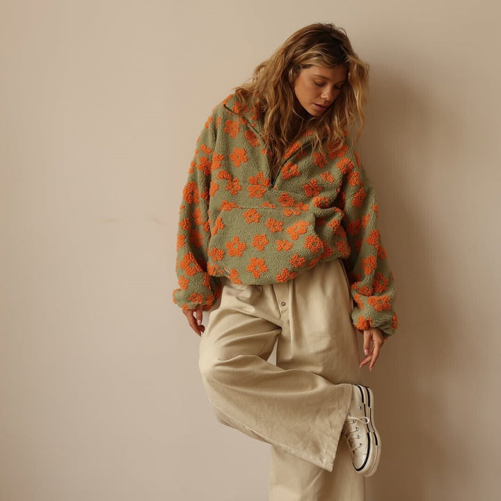 Sophia | Women's Oversized Sherpa Sweater - Floral Print, Warm & Casual-Metro Lane Plaza