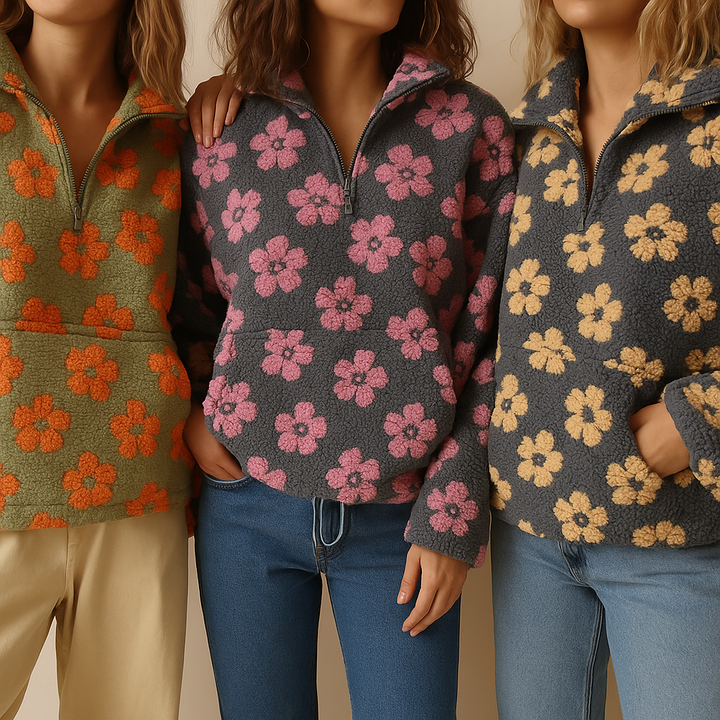 Sophia | Women's Oversized Sherpa Sweater - Floral Print, Warm & Casual-Metro Lane Plaza