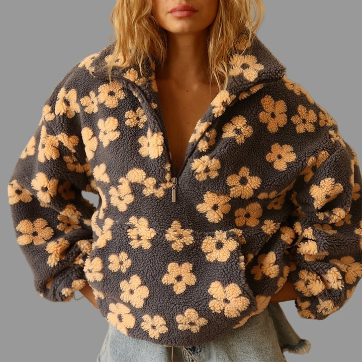 Sophia | Women's Oversized Sherpa Sweater - Floral Print, Warm & Casual-Metro Lane Plaza