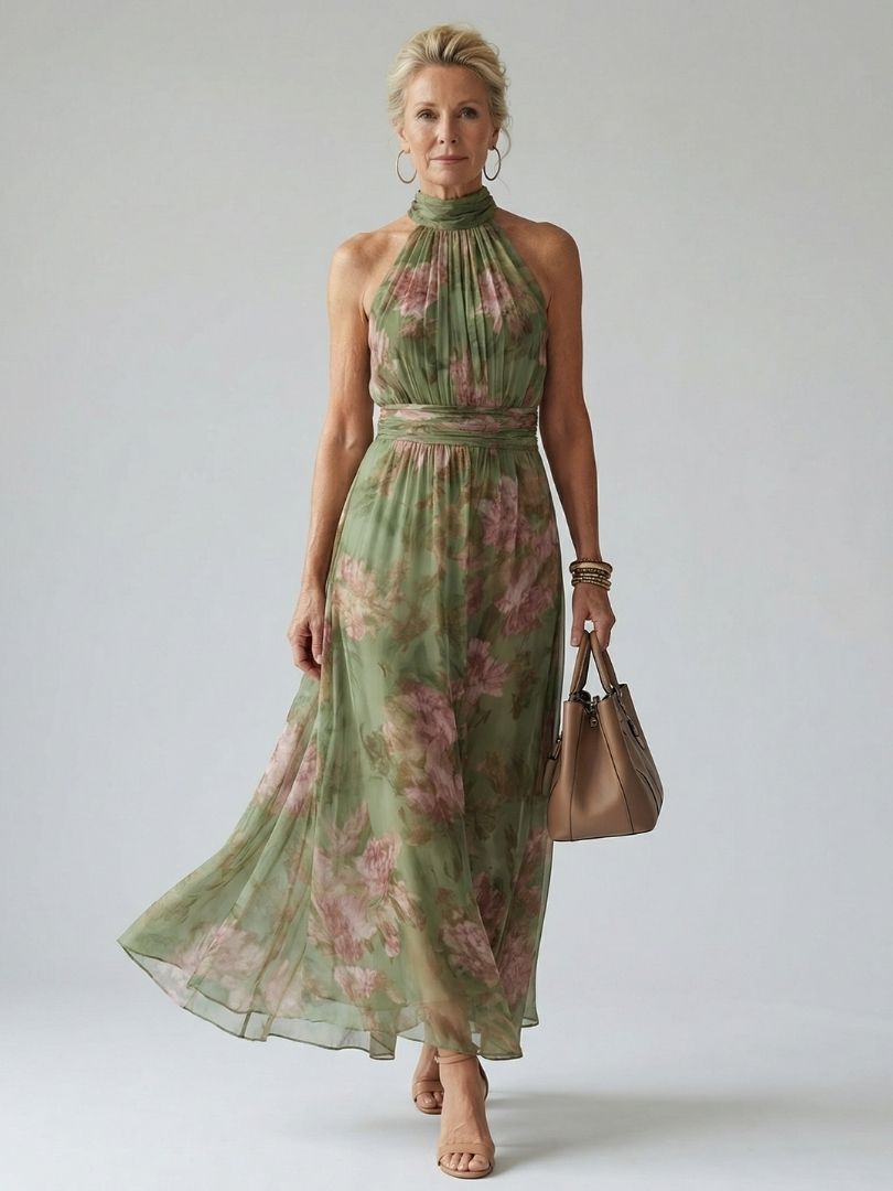 Sophie | Women's Trendy Floral Halter Midi Dress for Summer-Metro Lane Plaza