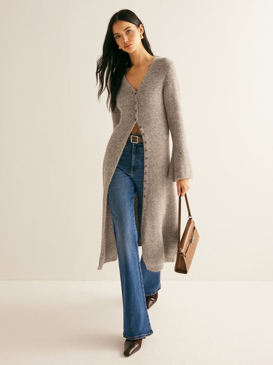 Cárdigan tipo duster largo de punto acanalado para mujer