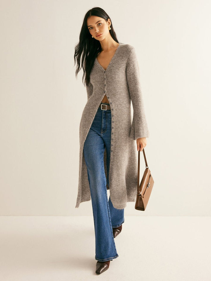 Cárdigan tipo duster largo de punto acanalado para mujer