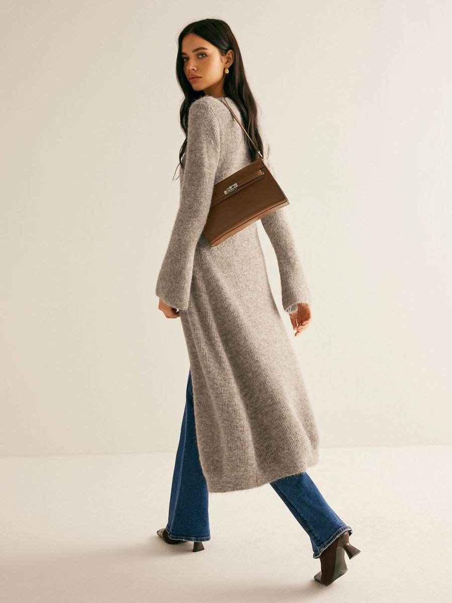Cárdigan tipo duster largo de punto acanalado para mujer