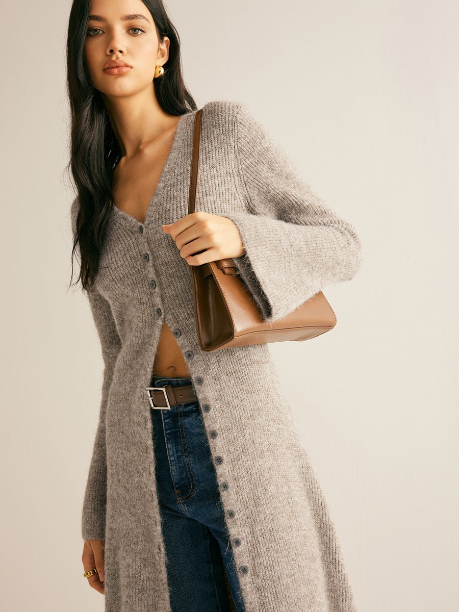 Cárdigan tipo duster largo de punto acanalado para mujer