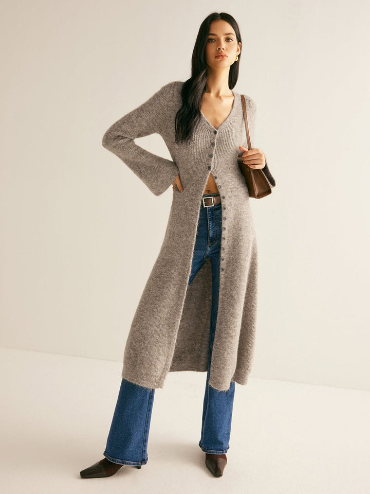 Cárdigan tipo duster largo de punto acanalado para mujer