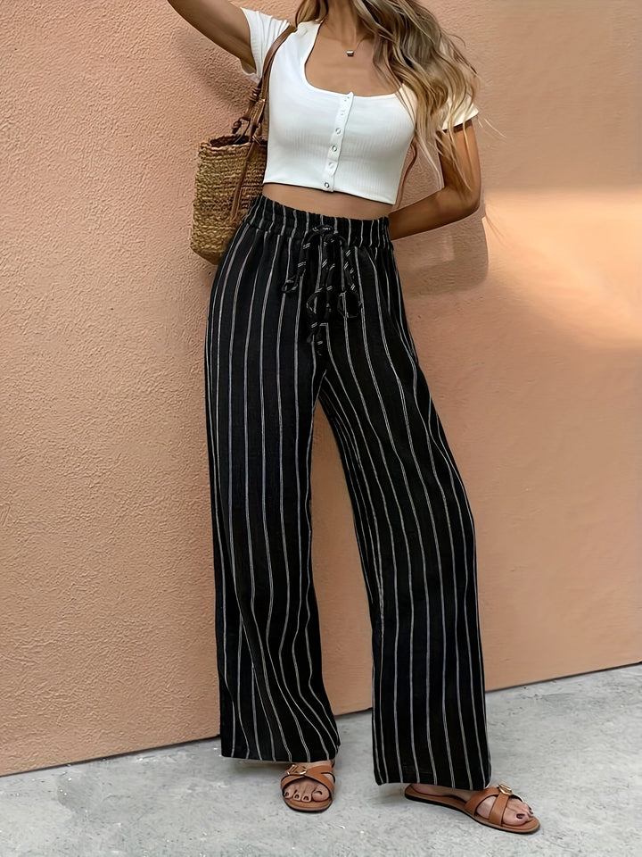 Pantalones de lino de pierna ancha a rayas para mujer con cintura de cordón