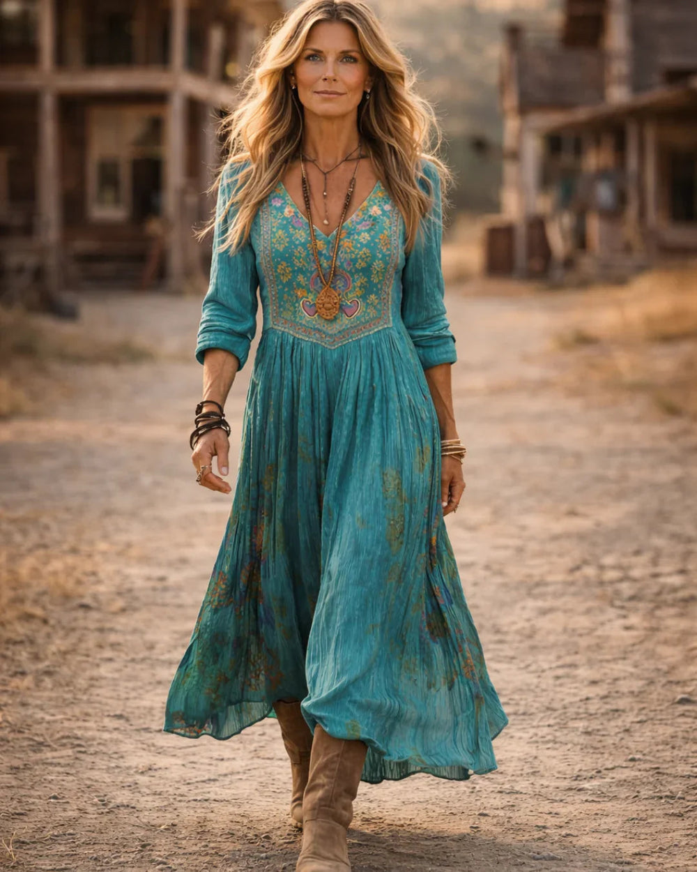 Ruby | Women's Elegant Embroidered V-Neck Bohemian Maxi Dress-Metro Lane Plaza