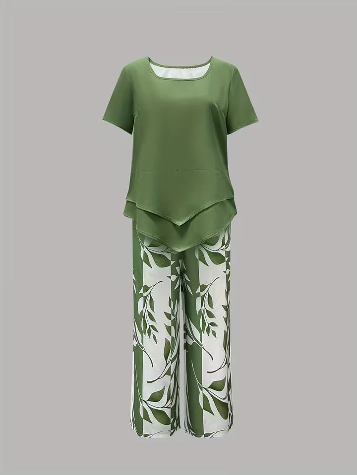 Tamra | Women's Sophisticated Leaf Print Two-Piece Set-Metro Lane Plaza