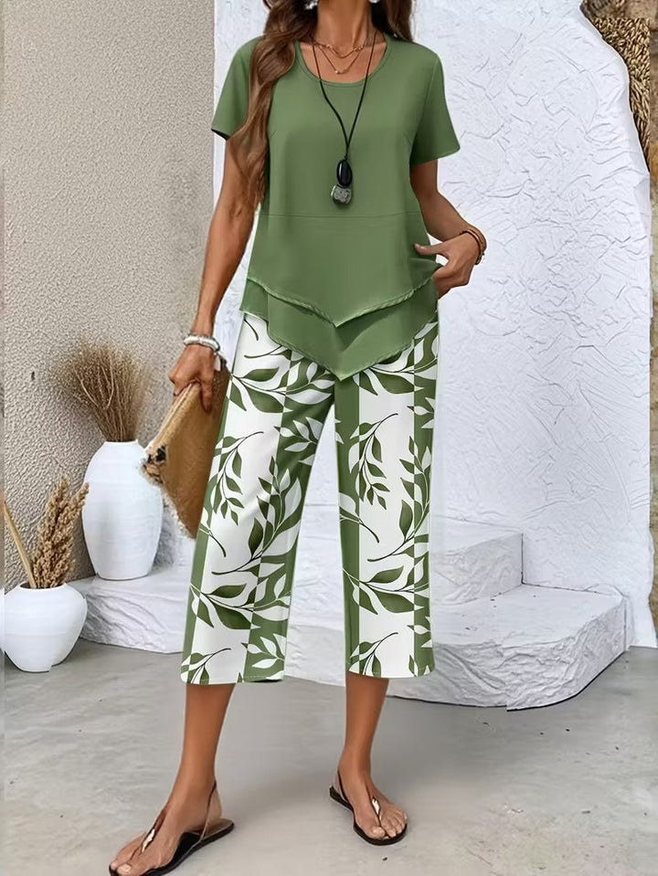 Tamra | Women's Sophisticated Leaf Print Two-Piece Set-Metro Lane Plaza