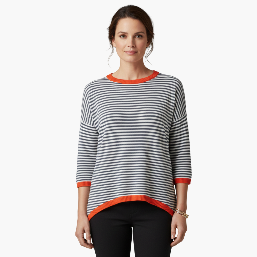 Women's Long Sleeve Striped Top with Contrast Trim Design-Metro Lane Plaza