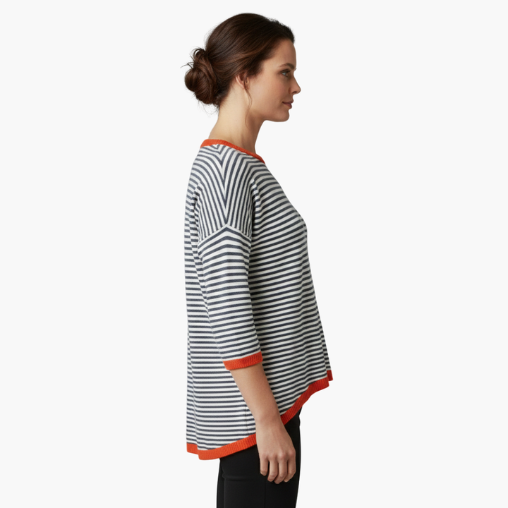 Women's Long Sleeve Striped Top with Contrast Trim Design-Metro Lane Plaza
