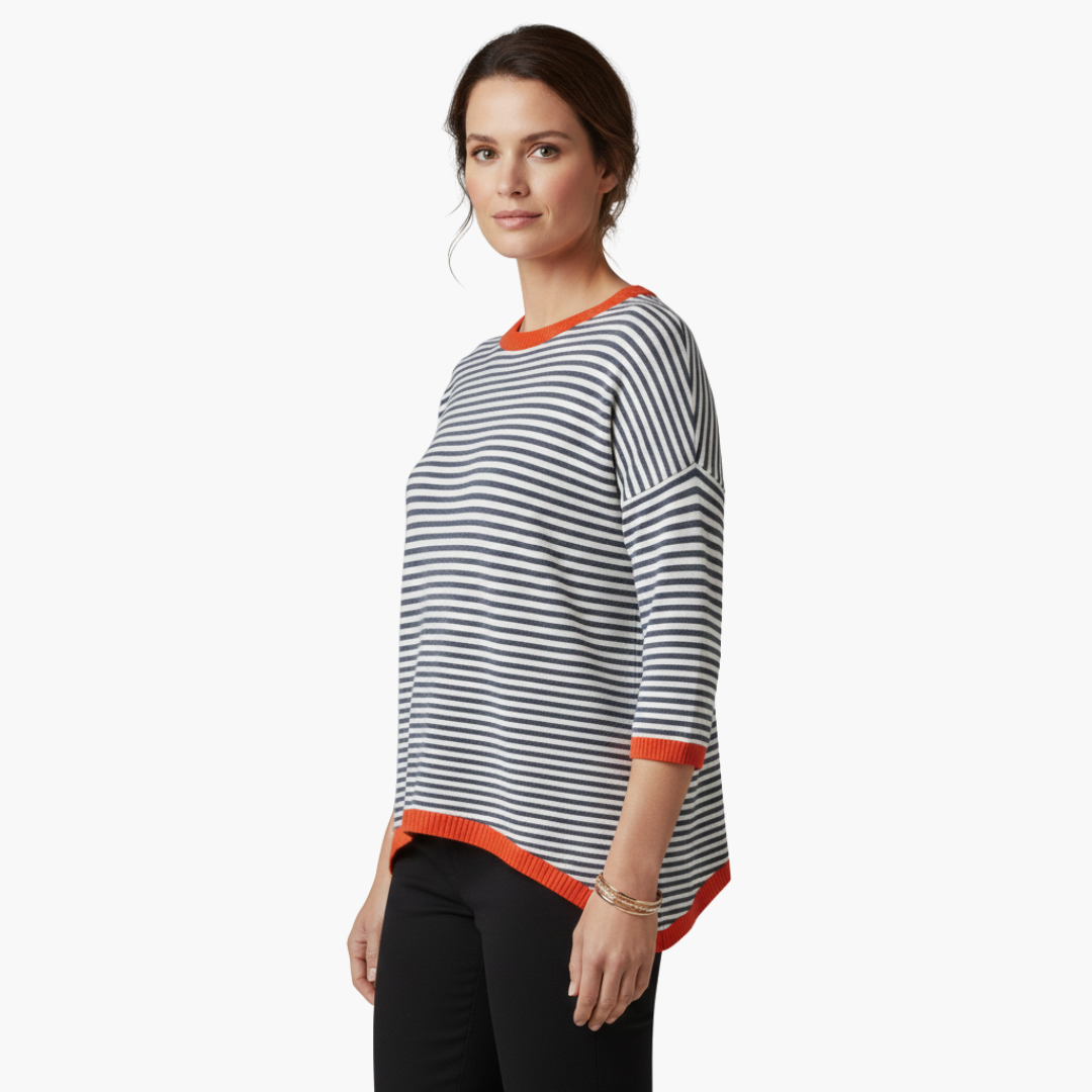 Women's Long Sleeve Striped Top with Contrast Trim Design-Metro Lane Plaza