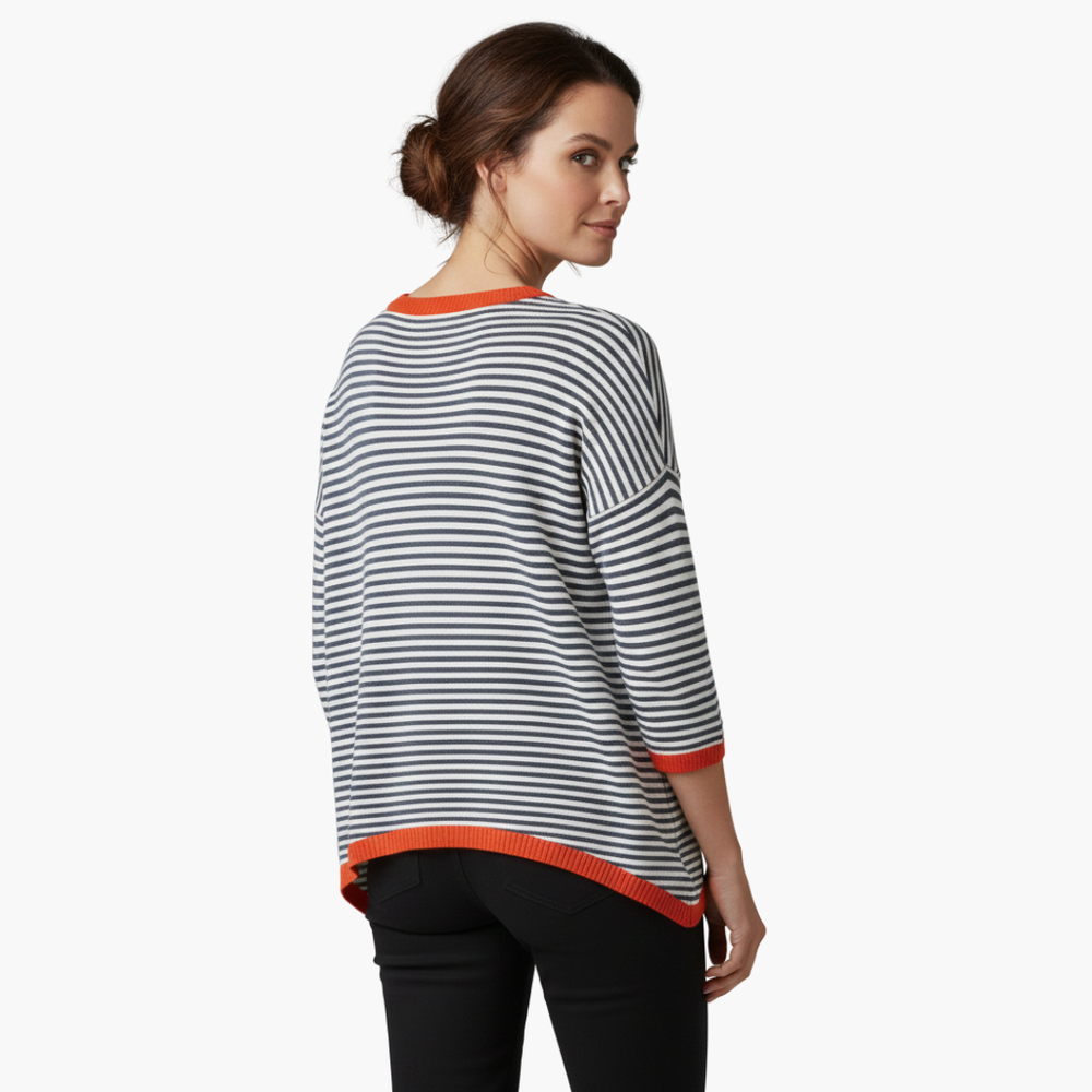 Women's Long Sleeve Striped Top with Contrast Trim Design-Metro Lane Plaza