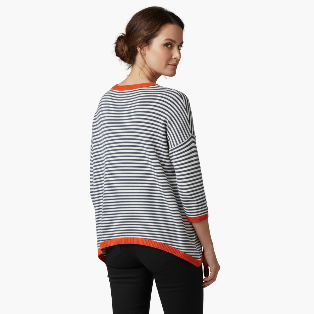 Women's Long Sleeve Striped Top with Contrast Trim Design-Metro Lane Plaza